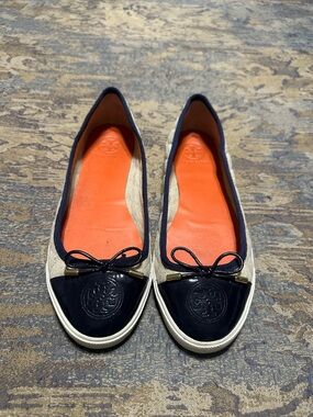 Tory Burch Navy Patent Toe and Beige Canvas Ballet Flats with Orange Insole